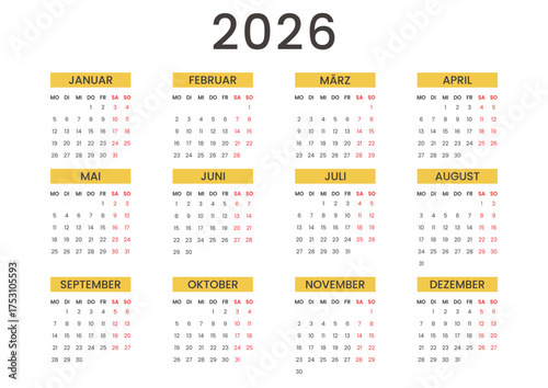 2026 German Yearly Calendar Horizontal Template A4 Format. Deutsch Kalender Wall or Desk Jahresplaner