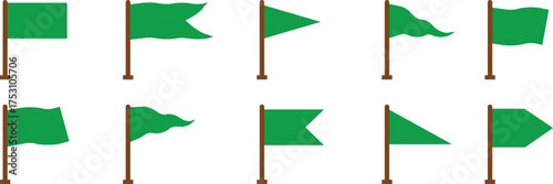 Green flag icon set, collection, and group in flat featuring waving, triangular, rectangular, and pennant flags, symbolizing safety, approval, success, start, and go signal vector illustration for des
