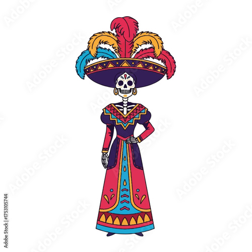 Colorful illustration of a sugar skull woman wearing a large sombrero and traditional dress on a white background.