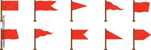 Red flag icon set, collection, and group in flat including waving, triangular, rectangular, and pennant flags, warning, alert, attention, and danger symbol vector illustration for design or signage