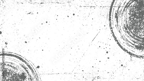 A distressed grey grunge texture with circular brush strokes and scattered speckles on a white background.
