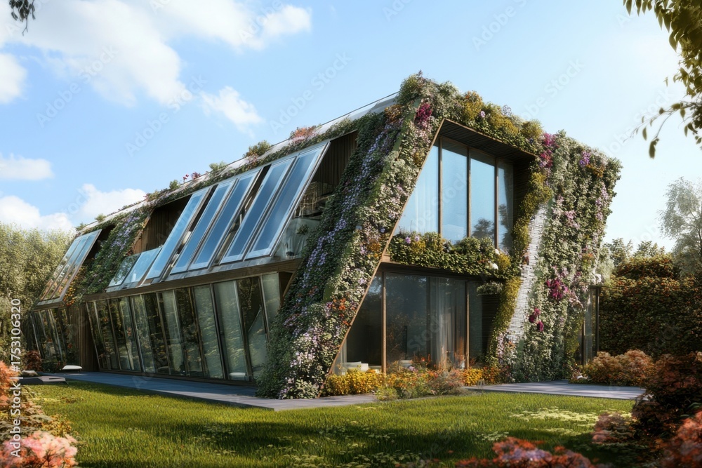 Obraz premium Modern eco-friendly house covered in greenery surrounded by nature during daylight