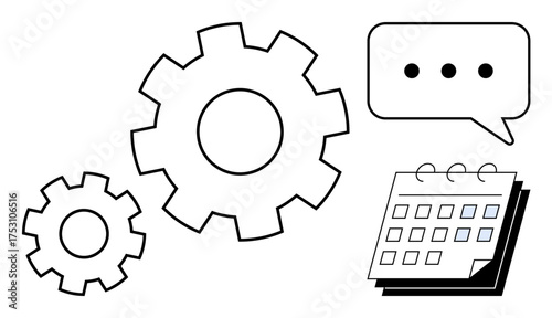 Gears represent teamwork, speech bubble depicts communication, and calendar symbolizes scheduling. Ideal for planning, collaboration, innovation, organization, productivity, brainstorming process