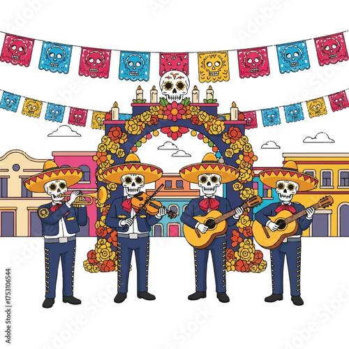 Colorful illustration of three mariachi musicians with sugar skulls wearing sombreros and playing instruments in front of a festive archway with papel picado banners and buildings in the
