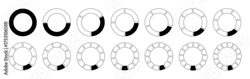 Circles divided black diagrams from 1 to 14 equal parts. Segments round divide infographics. Coaching blank. Pizza, pie graph shape section charts. 