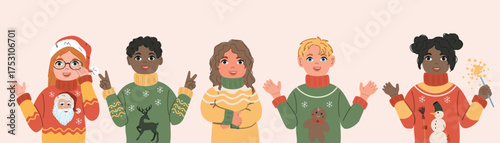 Portrait of Happy diverse kids in Ugly sweaters. Children wearing different Christmas outfits. Horizontal vector illustration