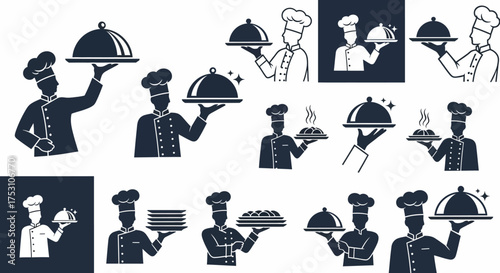 Collection of chef illustrations holding trays with food, plates, and covered dishes in various styles and formats.