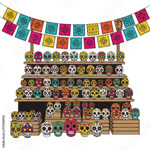 Colorful illustration of a wooden shelf stacked with rows of vibrant sugar skulls and decorated with a festive paper banner on a white background.