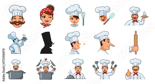 A collection of cartoon chef illustrations featuring various expressions, poses, and cooking tools, all wearing chef hats.