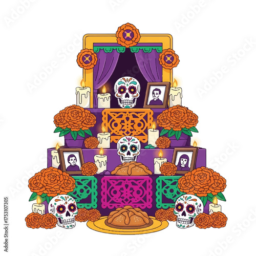Illustration of a traditional Mexican Day of the Dead altar with sugar skulls, flowers, and photographs on a white background.
