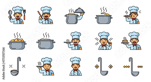 A set of cartoon chef icons showing various cooking actions, including holding utensils, pots, and serving dishes.