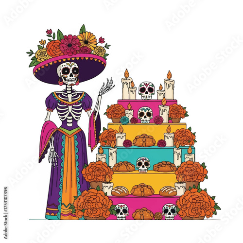 A colorful skeleton woman wearing a sombrero stands beside a vibrant multi-tiered cake adorned with skulls and marigolds on a white background.