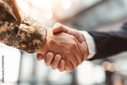 A military and a business professional shake hands, symbolizing partnership and collaboration in a professional setting.