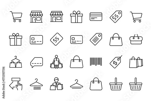 Shopping malls and retail icons set. Outline vector collection with shopping carts, stores, gift boxes, credit cards, price tags, bags, barcode, shopping baskets, and people shopping