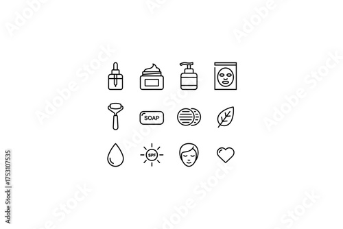 Skin care collection icons with serum, cream, lotion, face mask, roller, soap bar, cotton pads, leaf, hydration drop, SPF sun protection, face silhouette, and heart in editable stroke style