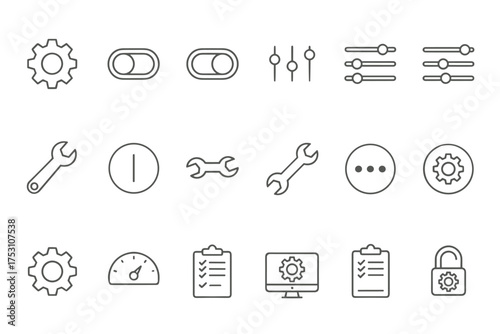 Setting and setup icon set vector collection with gear, wrench, toggle switches, sliders, control panel, checklist, speedometer, and lock, user interface adjustments concept