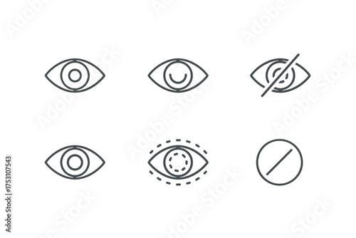 Set of six minimalist eye icon vectors including open eye, closed eye, hidden eye, eye with focus, eye outline, and prohibition symbol for vision and privacy design