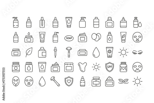 Editable Stroke Icon Set of Skin Care Products and Tools Collection, Essential Facial Beauty Treatments, Cosmetics Bottles, Droppers and Cream Jars, Spa and Wellness