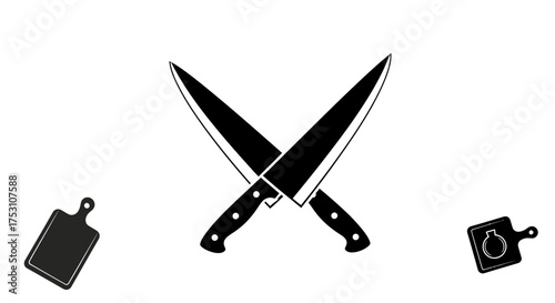 Two crossed chef's knives with black handles are displayed, accompanied by two cutting boards, one plain and one with an onion outline.