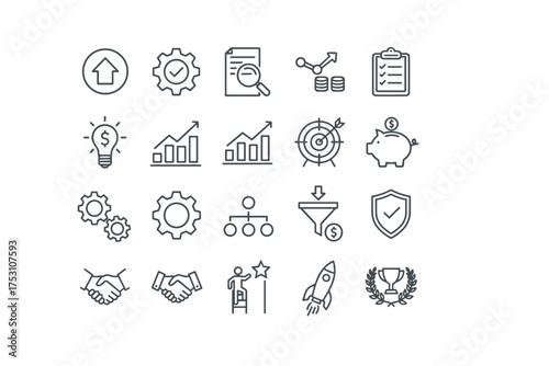 Business success icons set, vector outline symbols for finance growth, achievement, security, strategy, teamwork, innovation, goal setting, collaboration, and business performance