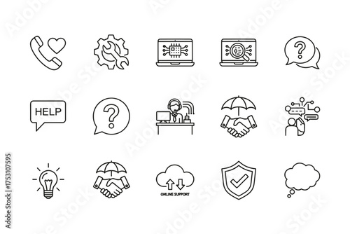 Editable line icons set for customer support service with help desk, technical support, online assistance, communication, chat, security, and collaboration vector symbols