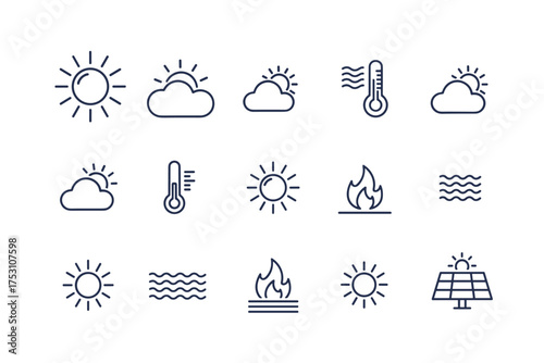 Set of minimalistic weather and solar energy vector icons including sun, sunlight, cloud, temperature, fire, water waves, and solar panel symbols for environmental and meteorological design