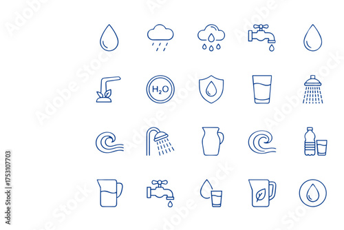 Water icon set with drops, rain, faucet, glass, shower, waves, pitcher, and hydration symbols. Clean outline design representing water conservation, purity, hydration, and environmental themes.