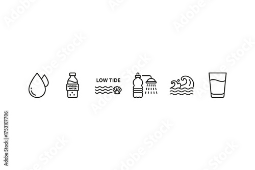 Water Drops, Mineral Water Bottle, Low Tide Waves, Plastic Bottle Shower, Ocean Waves Splash, Glass of Water Linear Icon Collection for Hydration and Environment Concepts