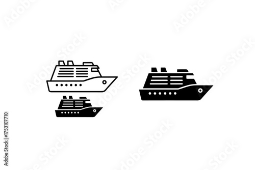 Cruise ship vector icon set, outline and filled styles, passenger ship silhouette, marine travel symbol, ocean liner graphic, sea transportation design, nautical vessel illustration