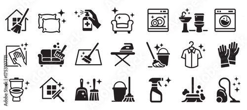 House cleaning icons in filled style. Representing sanitation, laundry, and home care.