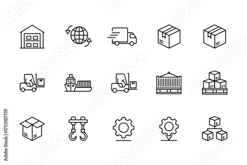 Warehouse and Inventory Vector Icon Set, Logistics and Shipping Symbols, Forklift, Cargo, Box, Global Transport, Industrial Supply Chain, Packaging and Delivery Icons