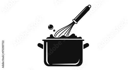 Black and white illustration of a whisk stirring ingredients in a pot, with bubbles rising.