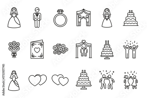 Wedding and Marriage Icon Set Vector Illustration, Bride and Groom Symbols, Engagement Rings, Wedding Cakes, Flowers, Invitations, Couples Celebrating Love and Union