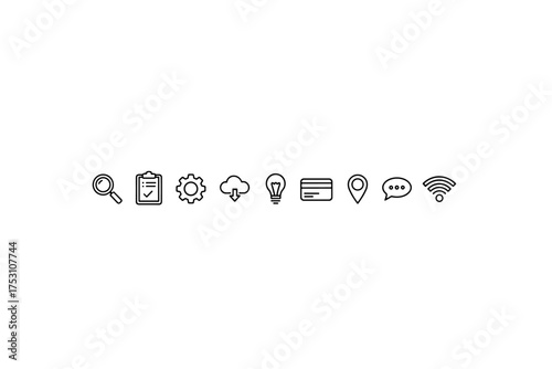 Set of business and technology line icons on white background with magnifying glass, checklist, gear, cloud download, light bulb, credit card, map pin, chat bubble, wifi signal