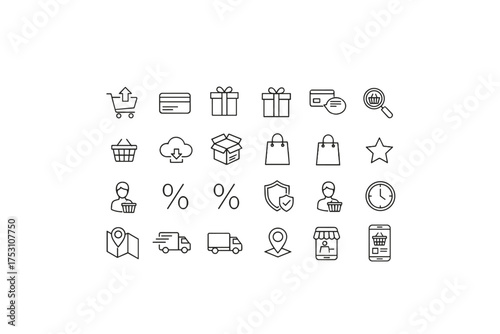 E-commerce and online shopping icon set, shopping cart, gift box, credit card, delivery truck, discount, location pin, mobile shopping app, secure payment, package, user profile, star and clock icons