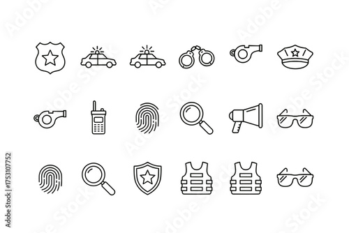 Set of police outline icons, law enforcement symbols, badge, patrol car, handcuffs, whistle, officer hat, radio, fingerprint, magnifying glass, megaphone, sunglasses, bulletproof vest vector
