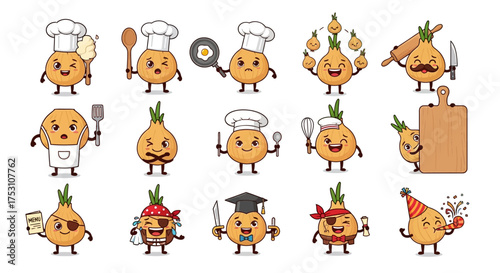Cartoon onions in various occupations and activities, including cooking, pirate, graduation, and celebrating.