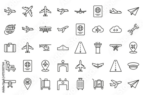 Airplane and Aviation Icon Set, Aircraft Vector Line Art Collection, Travel and Flight Symbols, Airport and Passport Icons, Aviation Transport Elements for Design