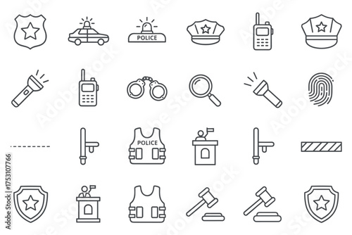 Set of police outline icons with law enforcement symbols, badges, patrol car, handcuffs, flashlight, walkie-talkie, shield, magistrate gavel, tactical vest, fingerprint and courtroom elements