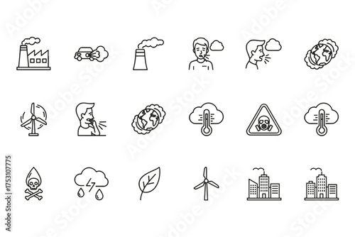 Set of air pollution icons with industry smoke, car exhaust, coughing people, global warming, temperature, hazardous gas, acid rain, leaf, wind turbine, and city pollution concept vector