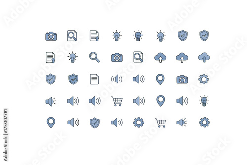 Ordered line icon set on white background with technology, communication, security, cloud upload, sound, camera, location, shopping cart, and settings symbols for digital interface design