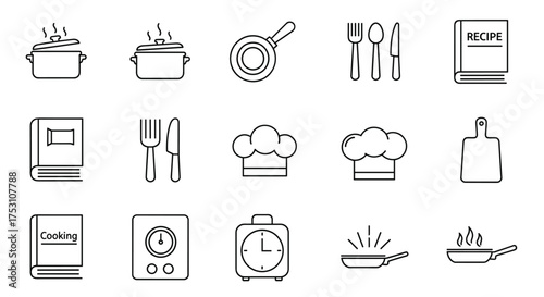 Cooking and kitchen utensils line icon set. Vector symbols for food preparation, recipe book, chef hat, pot, pan, and cutlery. Outline pictograms for culinary graphics.
