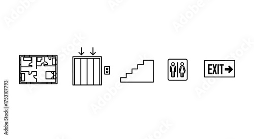 Set of building navigation & wayfinding line icons. Vector illustration. Public space symbols. Floor plan, elevator, stairs, restroom, exit sign. Architecture pictogram elements.