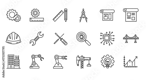 Engineering and construction line icon set. Industry, technology, and architecture symbols. Manufacturing, robotics, development, planning, and innovation concepts vector.