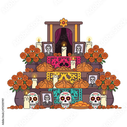 A colorful altar with orange flowers, skulls, and photographs, decorated for Day of the Dead with a vibrant and festive mood against a plain white background.