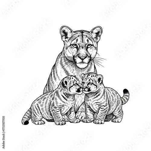 Mother Cougar With Two Adorable Cubs In A Tender Moment.