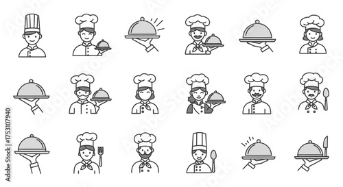 A collection of line art icons depicting chefs in various poses, some holding serving platters or utensils.