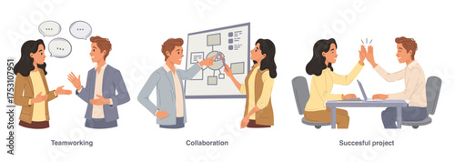 Business Concept of teamwork and collaboration for successful project. Men and women taking part in office work scenes. Vector illustration