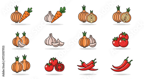 A collection of twelve vector icons depicting various vegetables, including carrots, onions, garlic, tomatoes, and chili peppers, presented on a white background.
