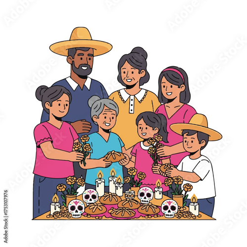 Illustration of a multicultural family preparing traditional Day of the Dead food and decorations together around a table with sugar skulls.